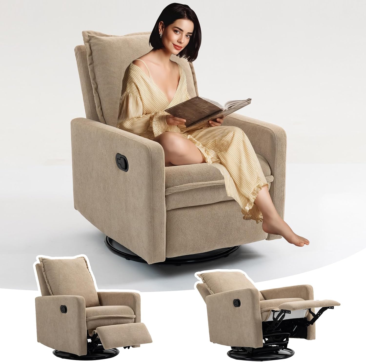 Rocker Recliner Chair for Adults, Swivel Rocker Recliner Chairs with Armrests, Glider Recliner Nursery Chair with Black Metal Base, Small Recliners for Small Spaces, Living Room (Camel)