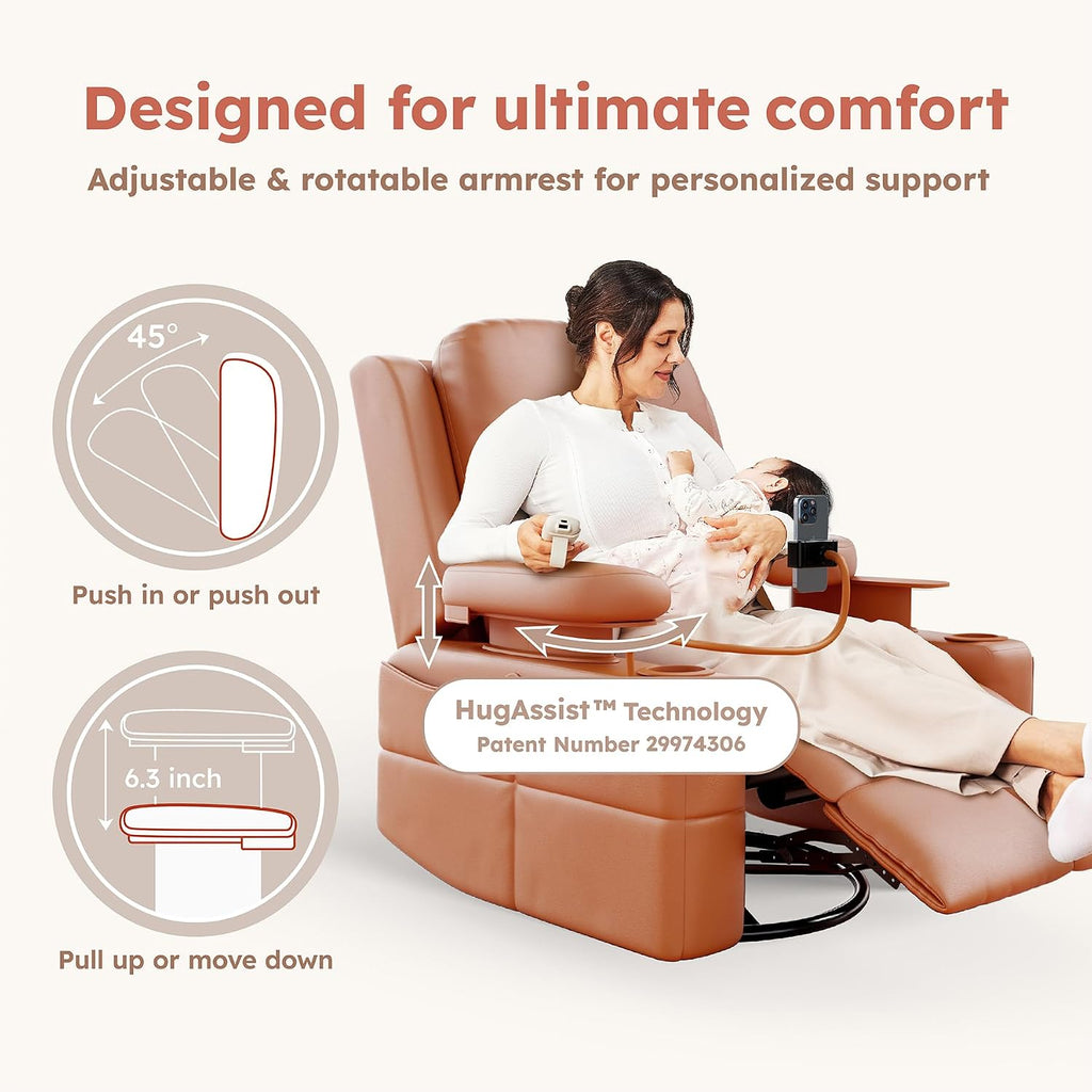 MAMAZING Lullapod Power Nursery Recliner Rocking Chair, Triple Motor Power Recliner with HugAssist Armrest, 270° Swivel Glider and Quiet Rocking Chair Nursery with Dual Charging Port and Storage