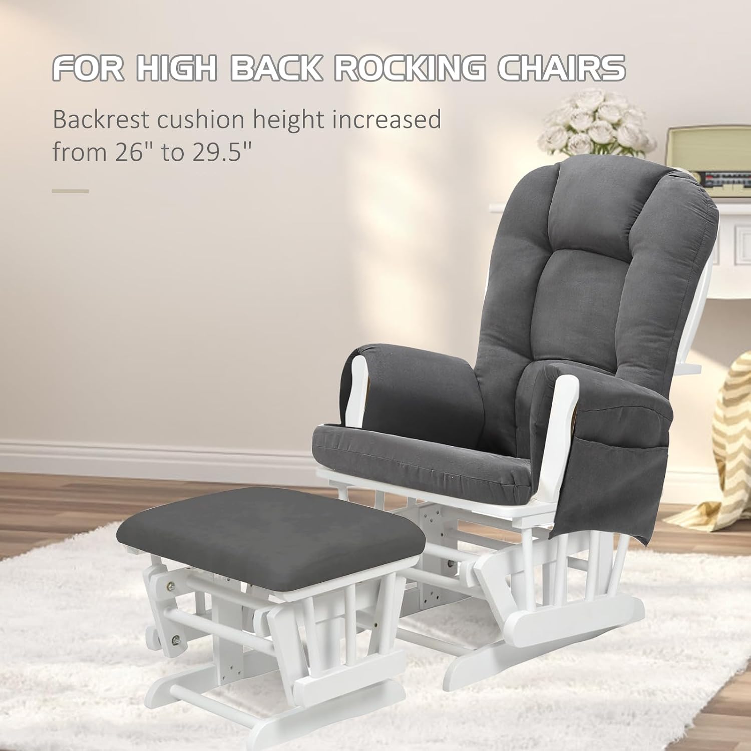 BECHAEO 5PCS Suede Glider Rocker Replacement Cushions with Ottoman Cover Thicken Soft Rocking Chair Cushion Set for Indoor Nursery Glider Rocking Chair, Dark Gray