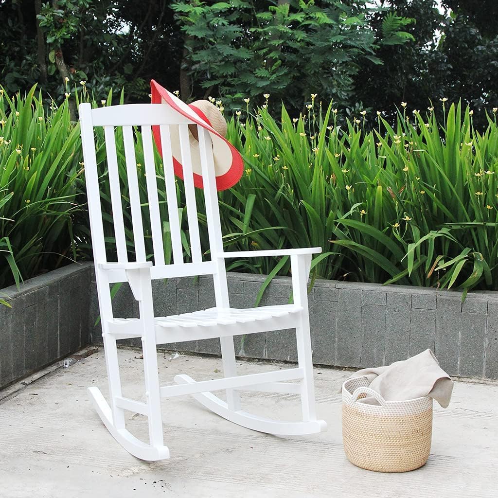 Cambridge Casual Bentley Solid Wood Porch Rocking Chair, White – Outdoor Wooden Rocker for Patio, Front Porch, Comfortable Contoured Seat