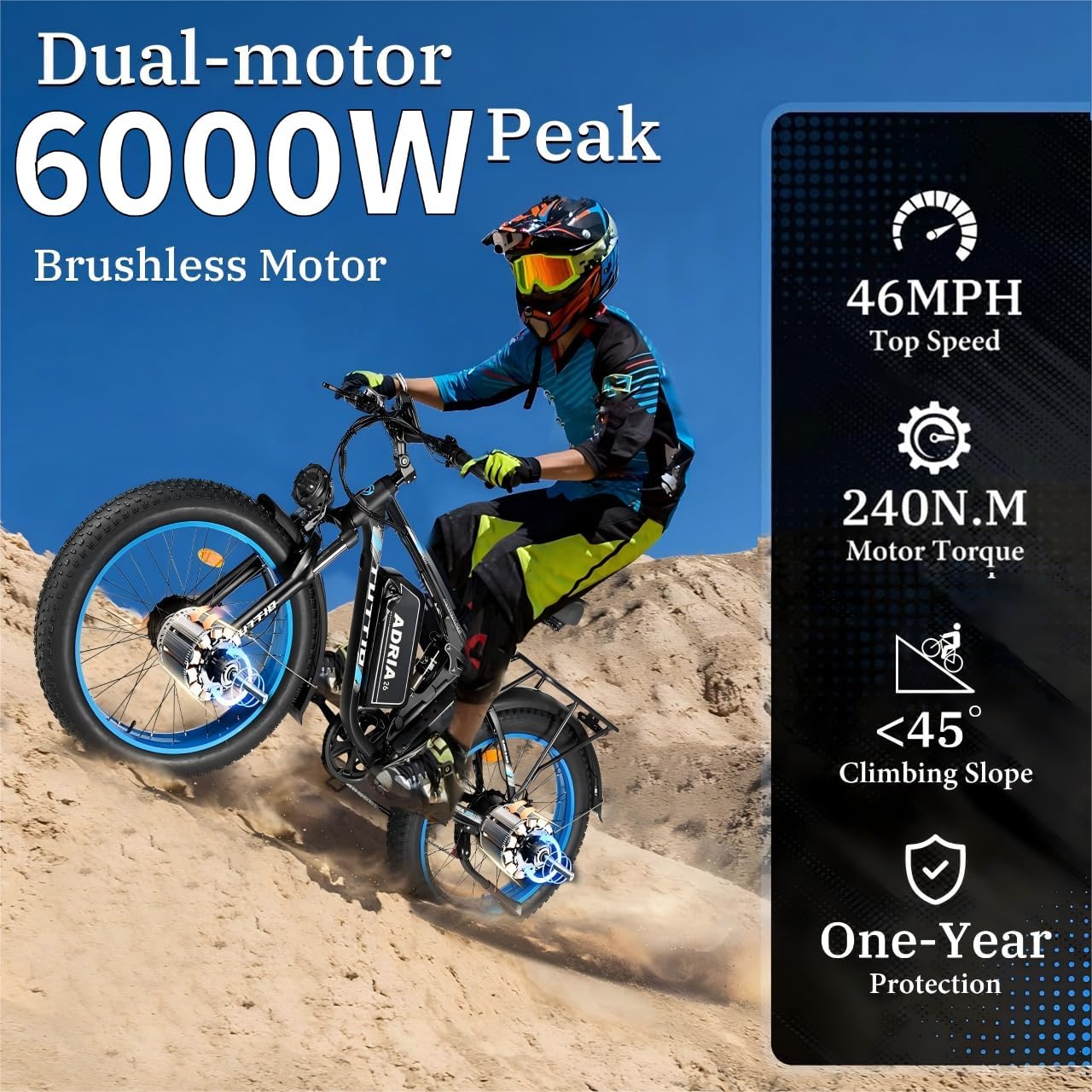 Tuttio-Adria26 6000W/5000W Peak Dual-Motor Ebike for Adults - 52V Fast Ebike, Long-Range Electric Bicycle, Full Suspension, 26 Inch Fat Tire Bike for Off-Road, Mountain, Snow, Hunting, Commuting