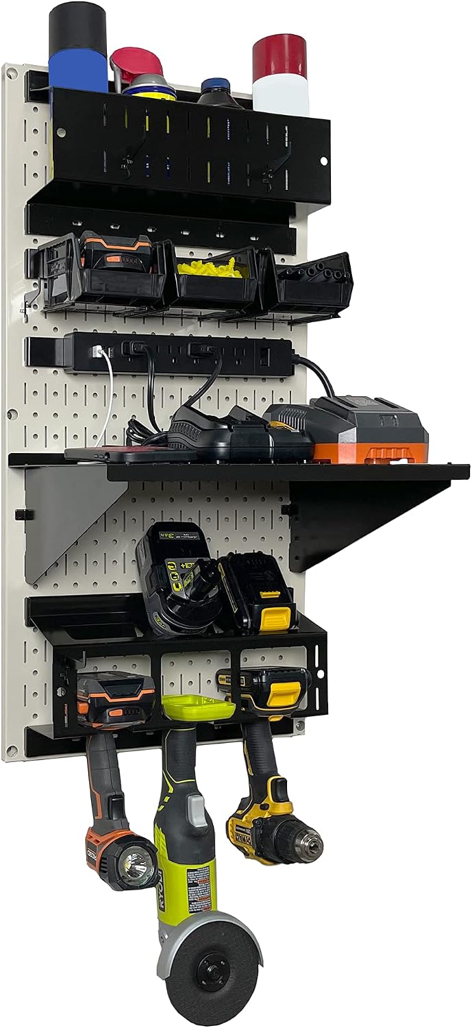 Wall Control Power Tool Storage Organizer Kit Cordless Drill Holder Charging Station Rack 16' x 32' Metal Pegboard Organization System (Beige Pegboard)