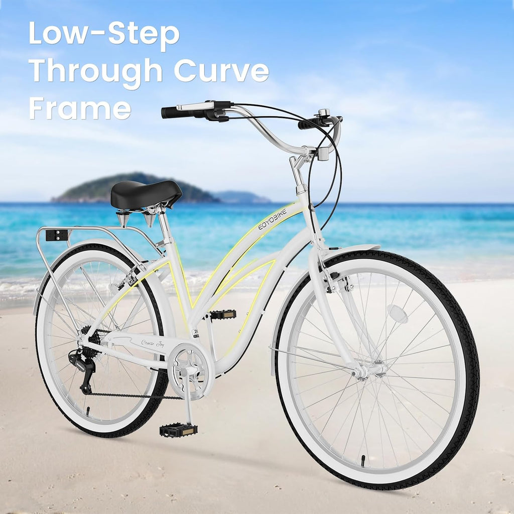 Cruiser Bike for Adults, 7-Speed Beach Cruiser Bicycle, 24/26 Inch Step-Through or High-Bar Frame, Comfort City Commuter Bike with Rear Rack, Fenders, Wide Saddle for Women & Men
