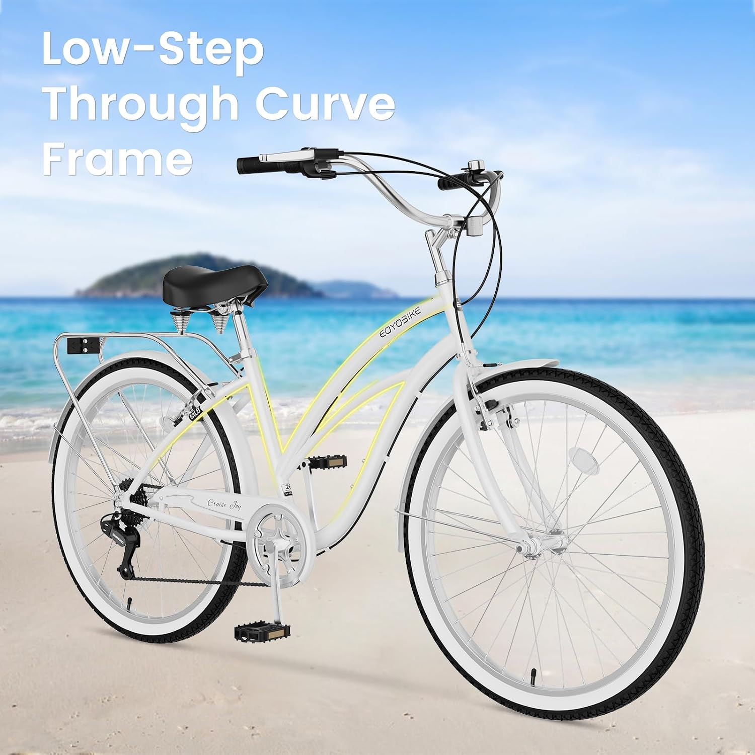Cruiser Bike for Adults, 7-Speed Beach Cruiser Bicycle, 24/26 Inch Step-Through or High-Bar Frame, Comfort City Commuter Bike with Rear Rack, Fenders, Wide Saddle for Women & Men