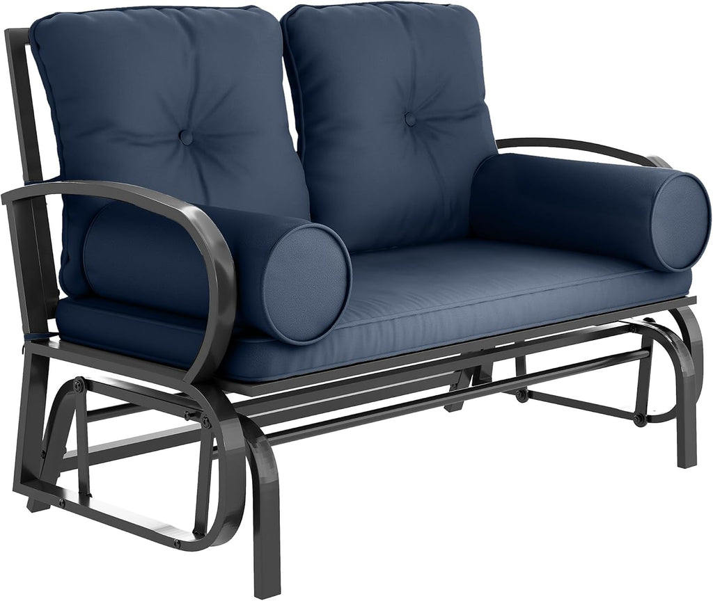 Outsunny Swing Glider Rocking Chair, Double Patio Bench, 2 Person Loveseat with Steel Frame, Cushions, Pillow Armrests, Blue