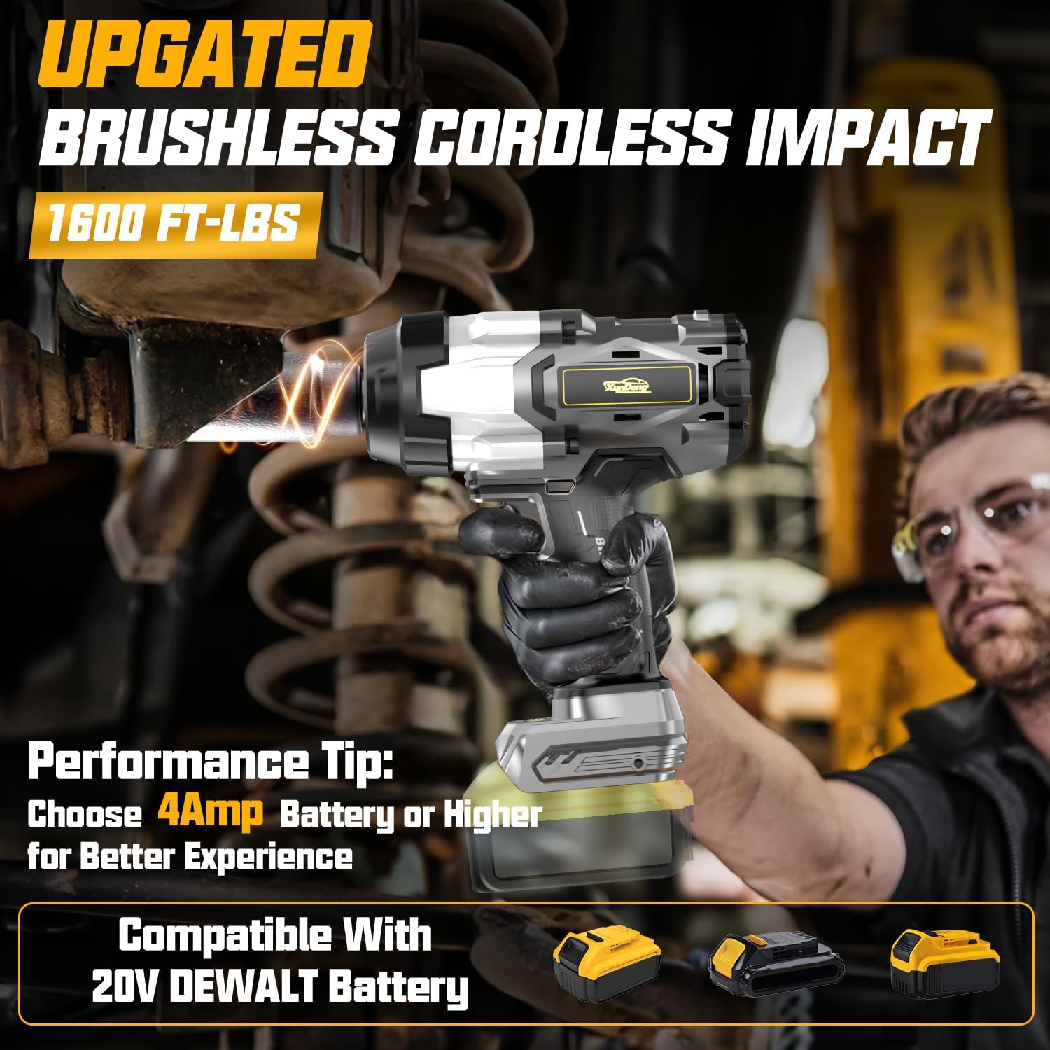 Cordless Impact Wrench 1/2' Compatible with Dewalt 20V Battery, 1600Ft-lbs(2200N.m) High Torque Impact Gun Heavy Duty, Brushless Electric Power Impact Driver with 4 Speed Modes & LED Work Light