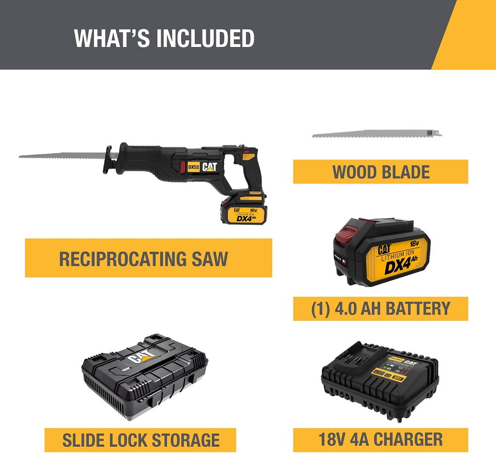 Cat DX52 18V Cordless Reciprocating Saw with 3000 SPM Variable Speed, Lightweight Brushless Saw, Cordless with Tool-Free Blade Change Battery & Charger Included