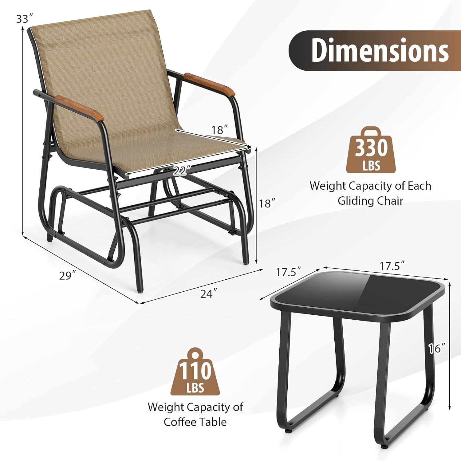 Giantex 3-Piece Outdoor Glider Set, 2-Pack Rocking Chairs with Small Tempered Glass Coffee Table, Metal Frame, Porch Rocker, Patio Bistro Set for Outside, Garden, Backyard, Balcony, Brown