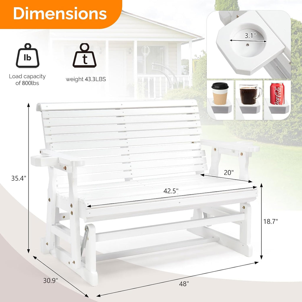 VINGLI Outdoor Glider Wood Patio Chair with Cup Holders, Outdoor Bench Glider Loveseat with Smooth Rocking Mechanism, Heavy Duty 800 LBS, White