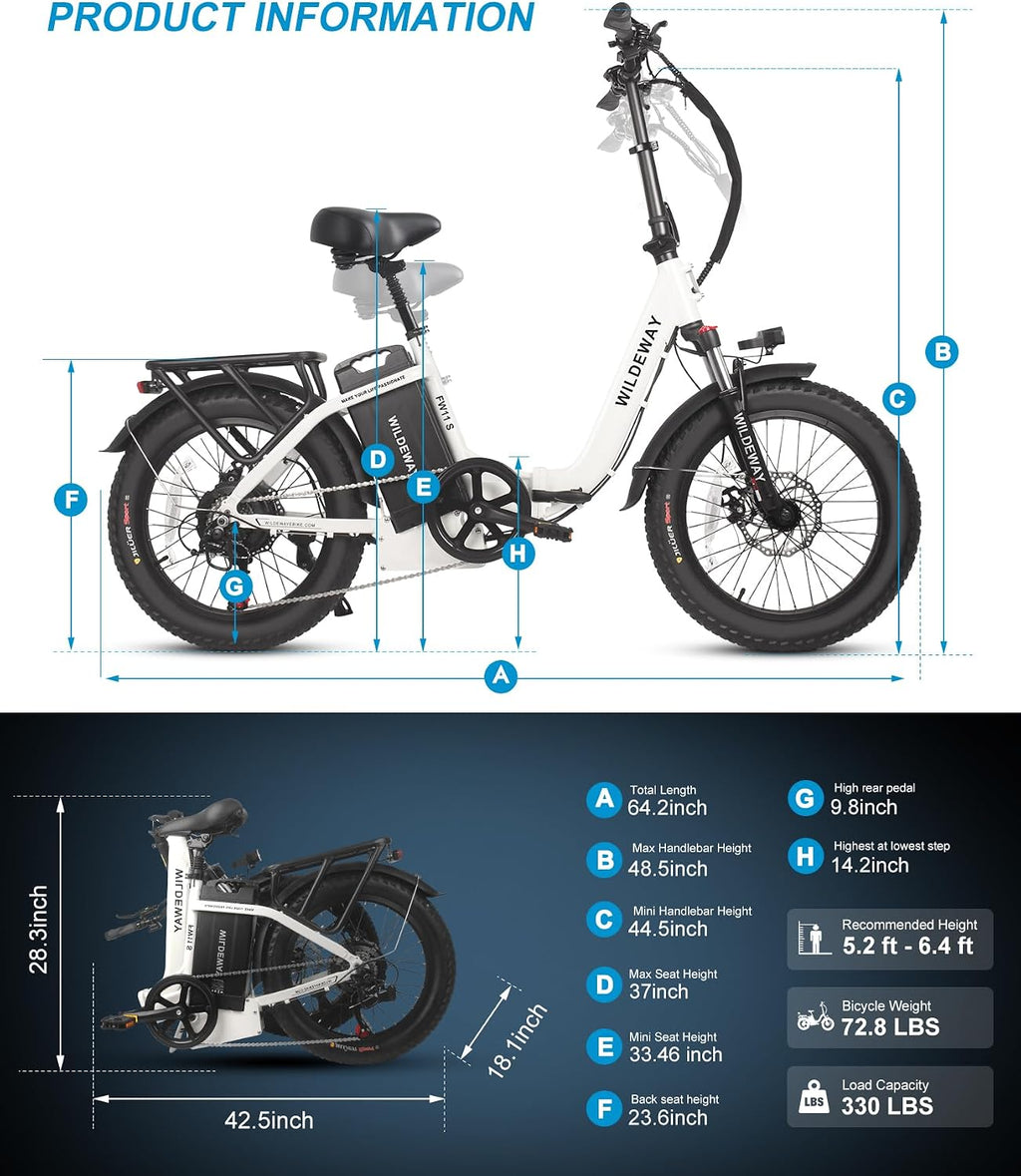 Wildeway Folding Electric Bike for Adults with 32Ah Battery Long Range 750W Motor 28MPH, 20'x 3.0'Fat Tire Foldable EBike, Urban City Commuter Men Women Bicycle 7 Speed Gear