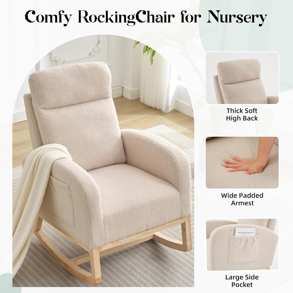 IDEALHOUSE Nursery Rocking Chair, Upholstered Glider Rocker with High Back & Side Pocket, Comfy Nursing Chair for Breastfeeding, Padded Nursery Armchair for Baby Room, Bedroom & Living Room
