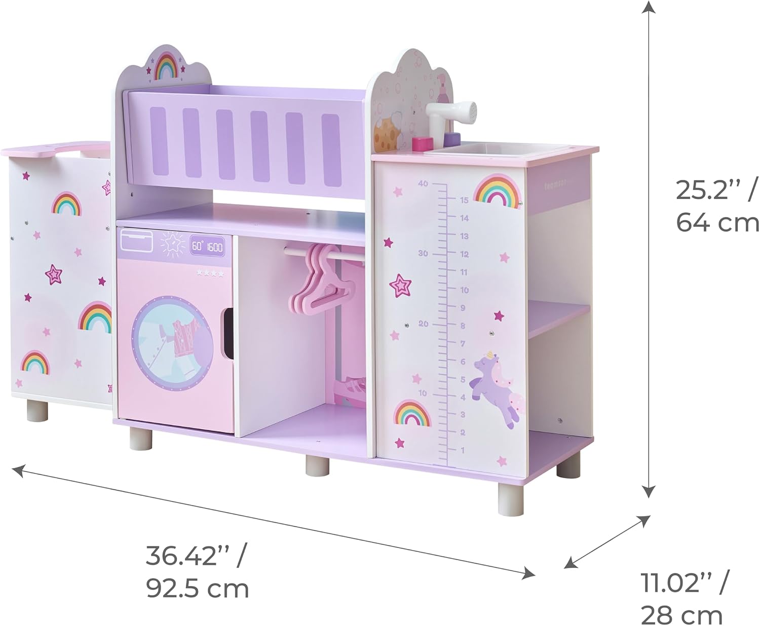Olivia's Little World Fantasy Care Doll Nursery 6-in-1 Unicorn Themed Baby Station with Cradle, Washer, High Chair, Sink & Closet with 3 Wooden Hangers for Pretend Play, for Girls Ages 3 and Up