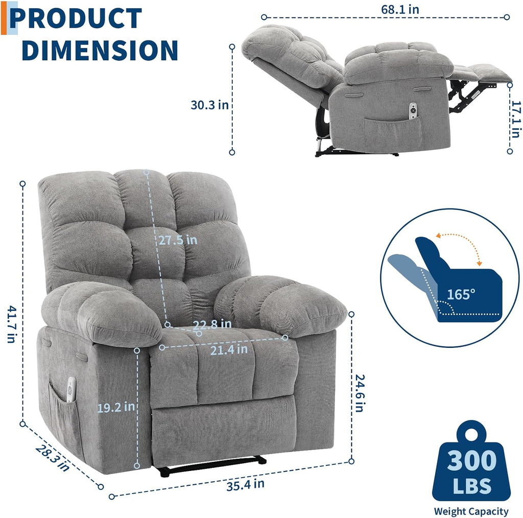 Recliner Rocking Chair with Massage & Heat, Wide Overstuffed Fabric Recliner with Breathable Upholstery, Ergonomic Design, 2 Side Pockets & Remote Control for Living Room or Bedroom (Gray)