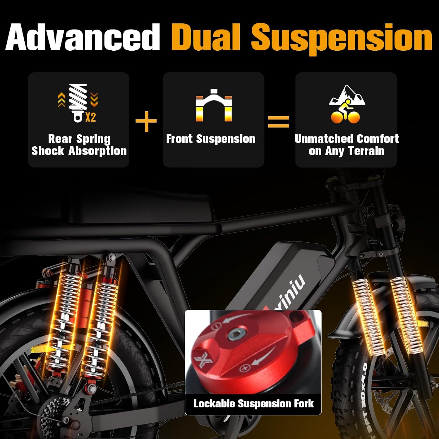 Electric Bike for Adults, 52V 40Ah Battery Peak 2000W Motor 35MPH, 50-180 Miles, 20' Fat Tire Dirt Bicycle Dual Suspension All Terrain Motorcycle, Moped Style Ebike for Mountains Snow Sand Road