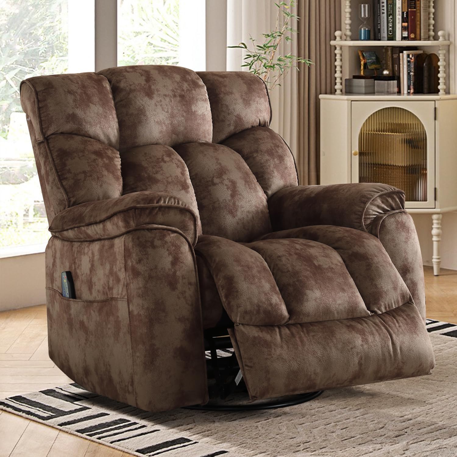 INZOY Oversized Rocker Recliner with Heat and Vibration, Manual Swivel Rocking Chair with Vibrating Massage, Comfy Padded Overstuffed Soft Fabric Heated Recliner, Brown