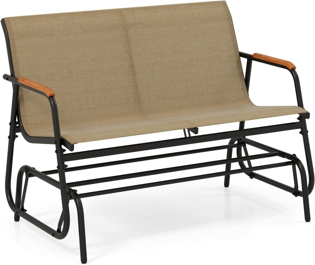 Giantex Patio Glider Bench, 2-Person Swing Gliding Loveseat with Curved Teak Armrests, Fabric Seat, Metal Frame, Load 660lbs, Outdoor Rocking Chair for Porch, Yard, Poolside (29'x45'x33')