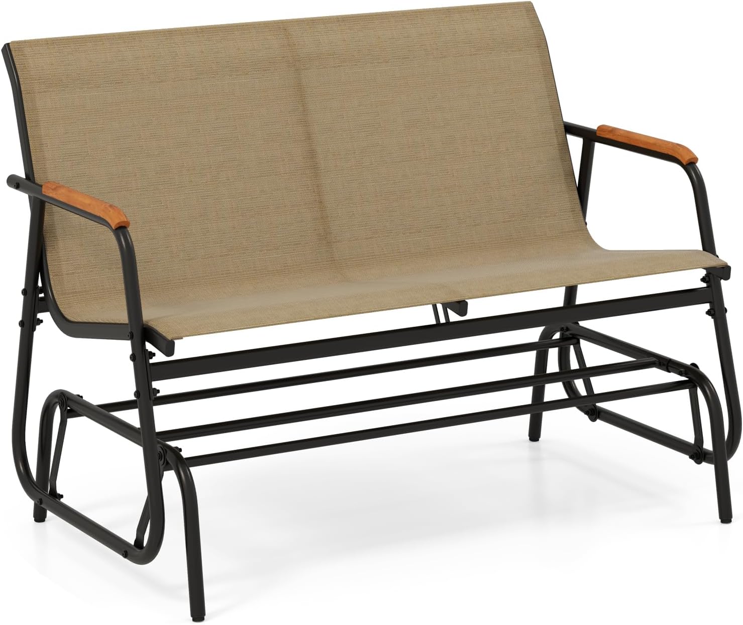 Giantex Patio Glider Bench, 2-Person Swing Gliding Loveseat with Curved Teak Armrests, Fabric Seat, Metal Frame, Load 660lbs, Outdoor Rocking Chair for Porch, Yard, Poolside (29'x45'x33')