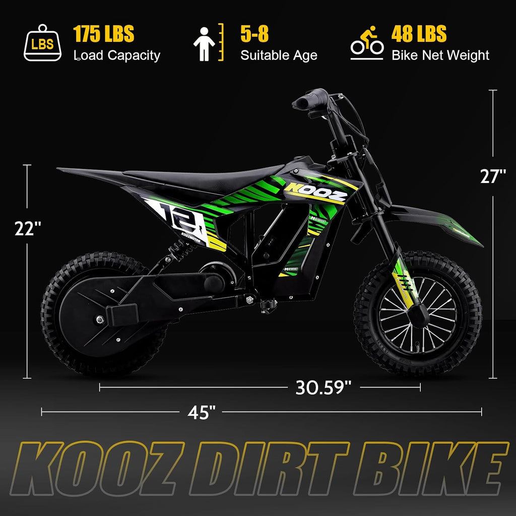 KOOZ 36V 300W Electric Dirt Bike for Kids - 3 Speed Modes Electric Motorcycle Up to 15.5 MPH & 14 Miles Long-Range, Shock Absorber & Rear Brake, 12' Sturdy Tire Gift for Kids