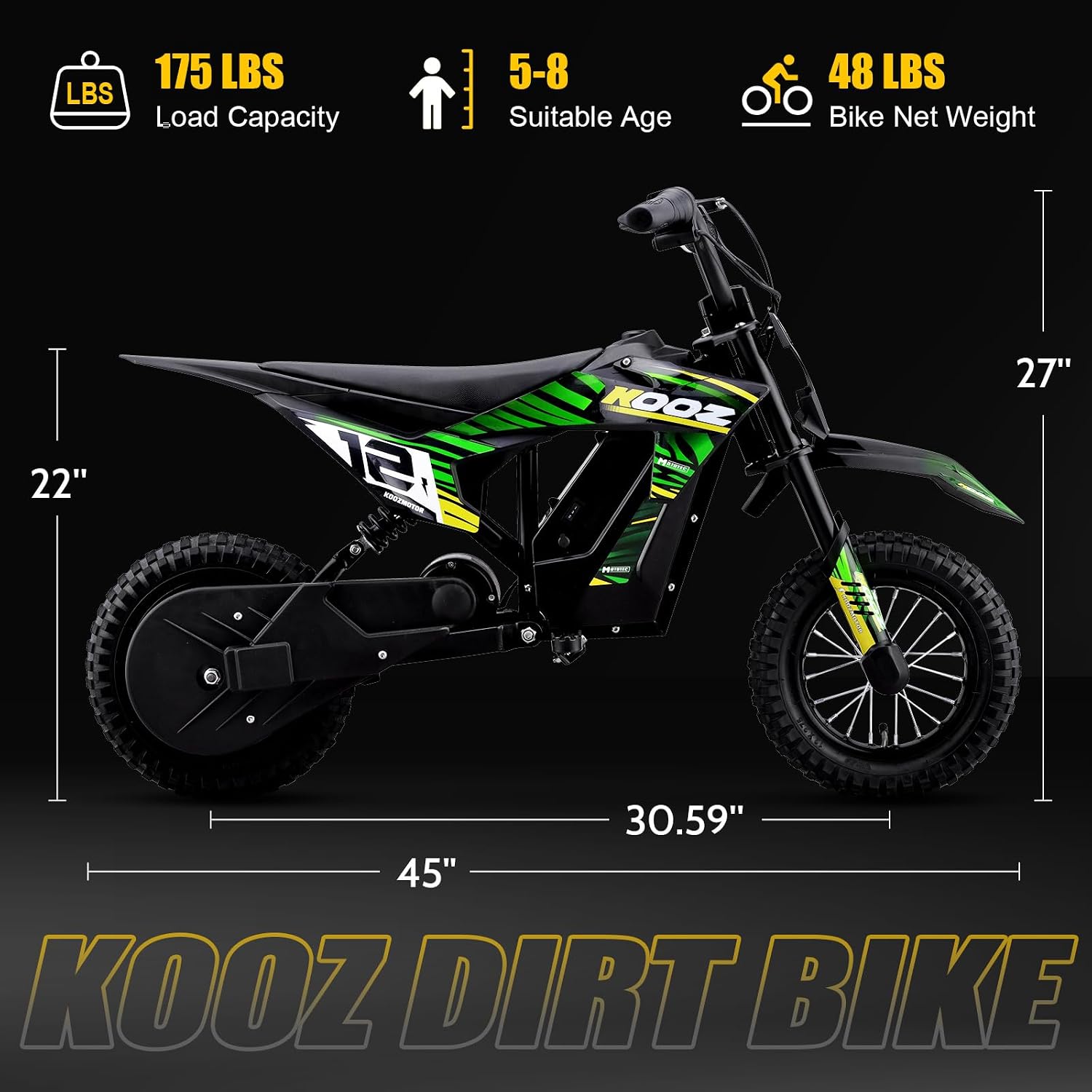 KOOZ 36V 300W Electric Dirt Bike for Kids - 3 Speed Modes Electric Motorcycle Up to 15.5 MPH & 14 Miles Long-Range, Shock Absorber & Rear Brake, 12' Sturdy Tire Gift for Kids