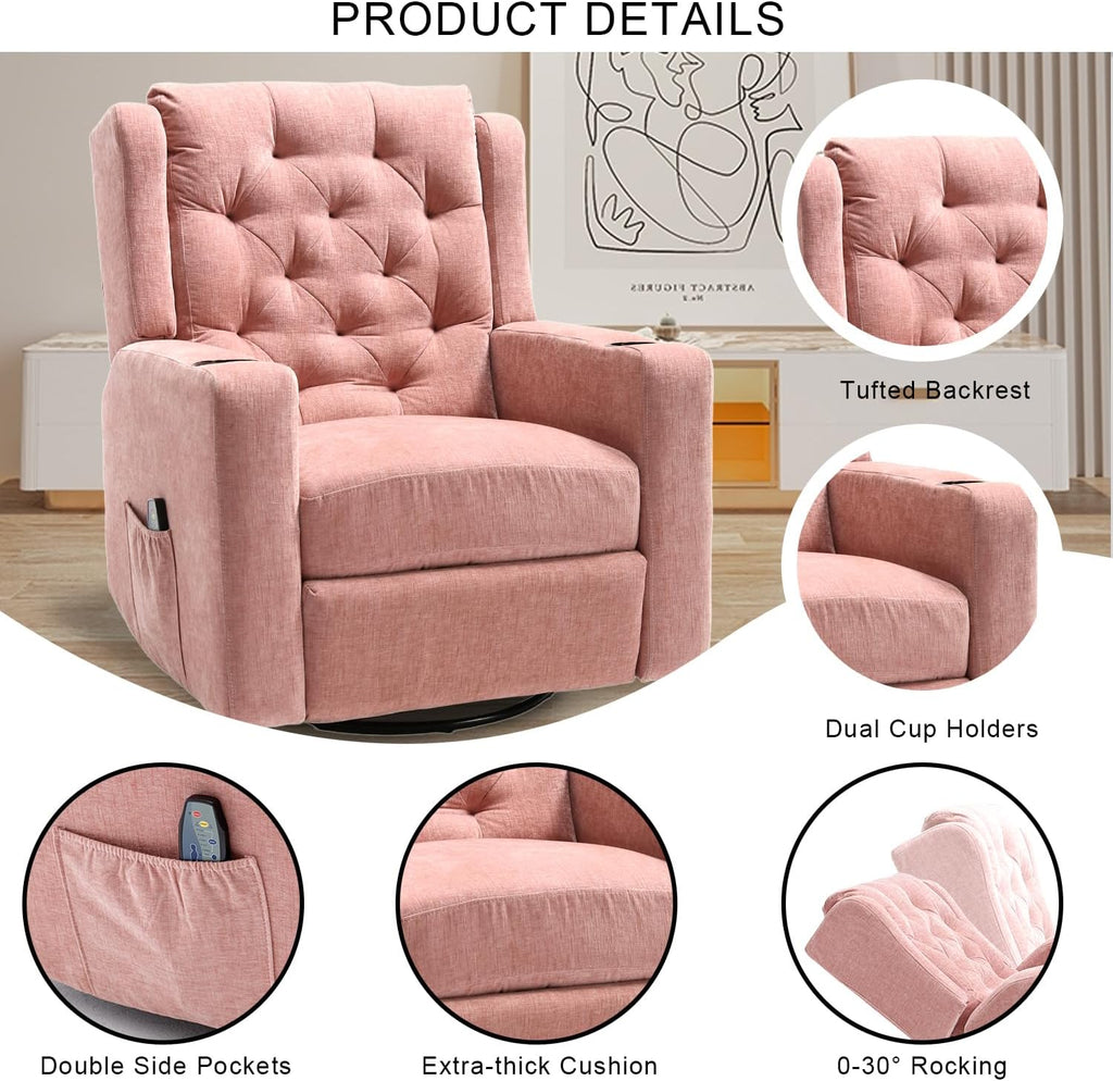Oversized Swivel Rocker Recliner Chair Wide Seat Heavy Duty Fabric Reclining Chair, Tufted Manual Rocking Glider Chair Recliner for Nursery, Pink
