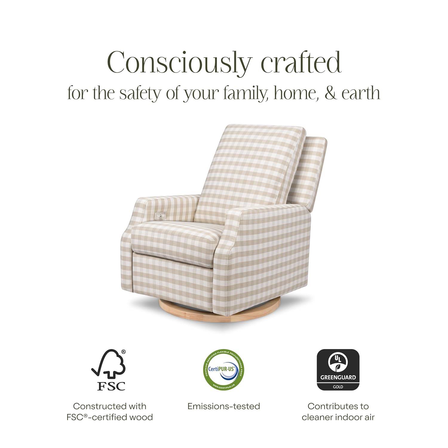 Namesake Crewe Glider Recliner Nursery Chair - GREENGUARD Gold & Certi-PUR US Certified Rocker Recliner - Glider Rocking Chair for Nursery & Living Room - Electronic, 270° Swivel, Tan Gingham