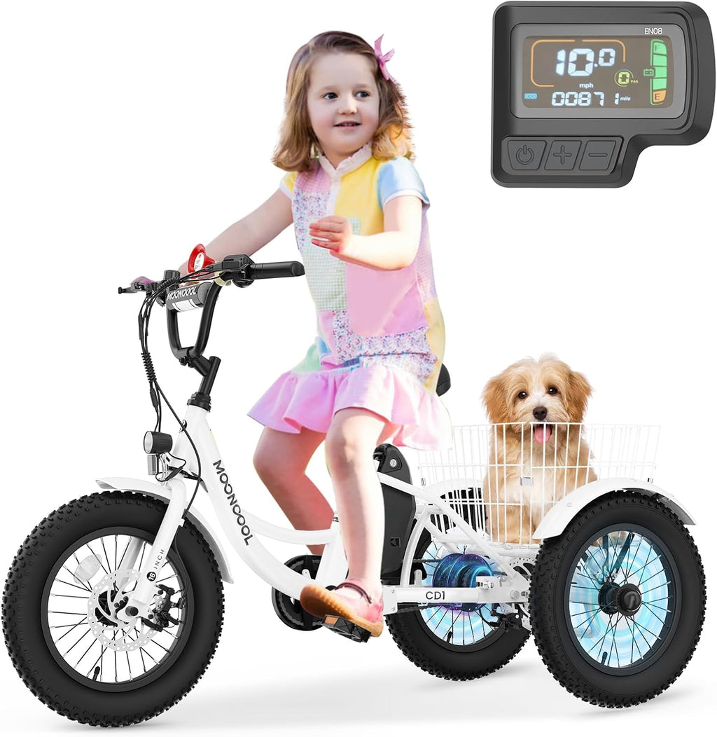 LILYPELLE Electric Tricycle for Youth, 250W Aluminum Frame Electric Tricycle Etrike, 16IN 3 Wheels Electric Bicycle Bikes, 3.0 Fat Tire Electric Trike with Removable Battery and Rear Basket