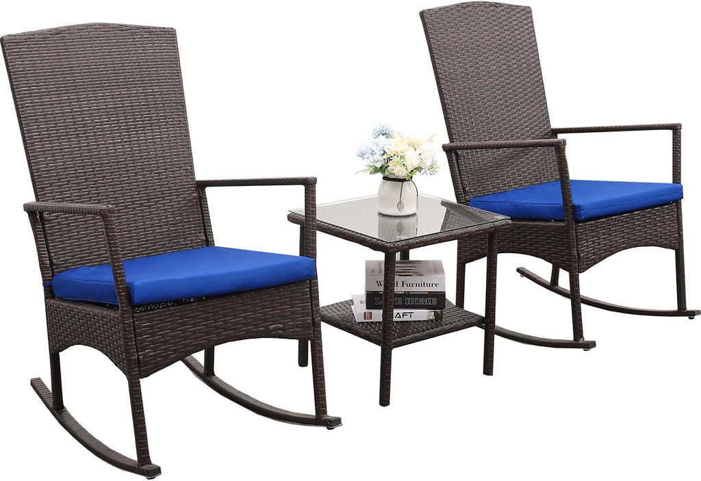 Outdoor HDPE Wicker Rocking Chair 3-Piece Patio Rattan Bistro Set 2 Rocker Armchair and Glass Coffee Side Table Furniture Washable Lacing Cushions, Blue