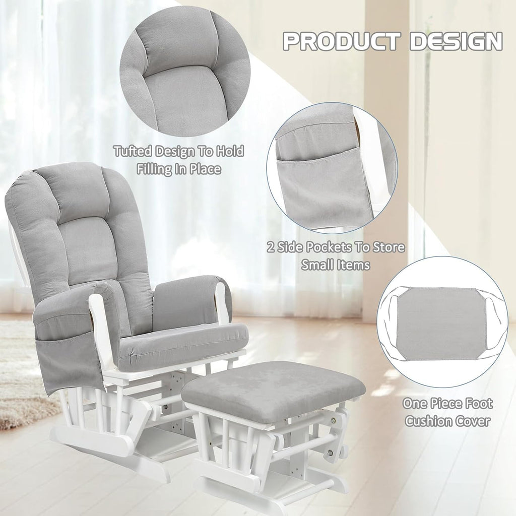 BECHAEO 5PCS Suede Glider Rocker Replacement Cushions with Ottoman Cover Thicken Soft Rocking Chair Cushion Set for Indoor Nursery Glider Rocking Chair, Light Gray