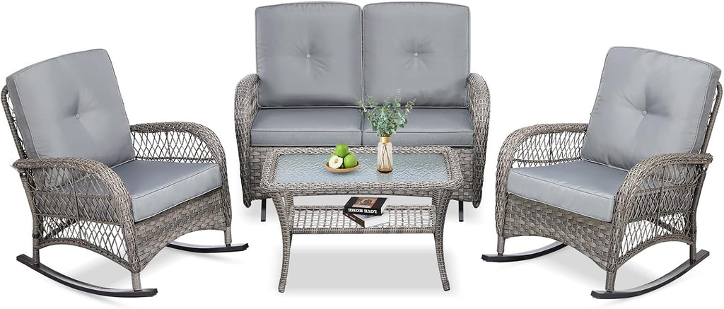 VIVIJASON 4-Piece Outdoor Patio Wicker Conversation Sets, All Weather Outdoor Rattan Furniture Set Includes Glider Loveseat, Coffee Table, 2 Rocking Chairs with Cushions for Backyard, Grey