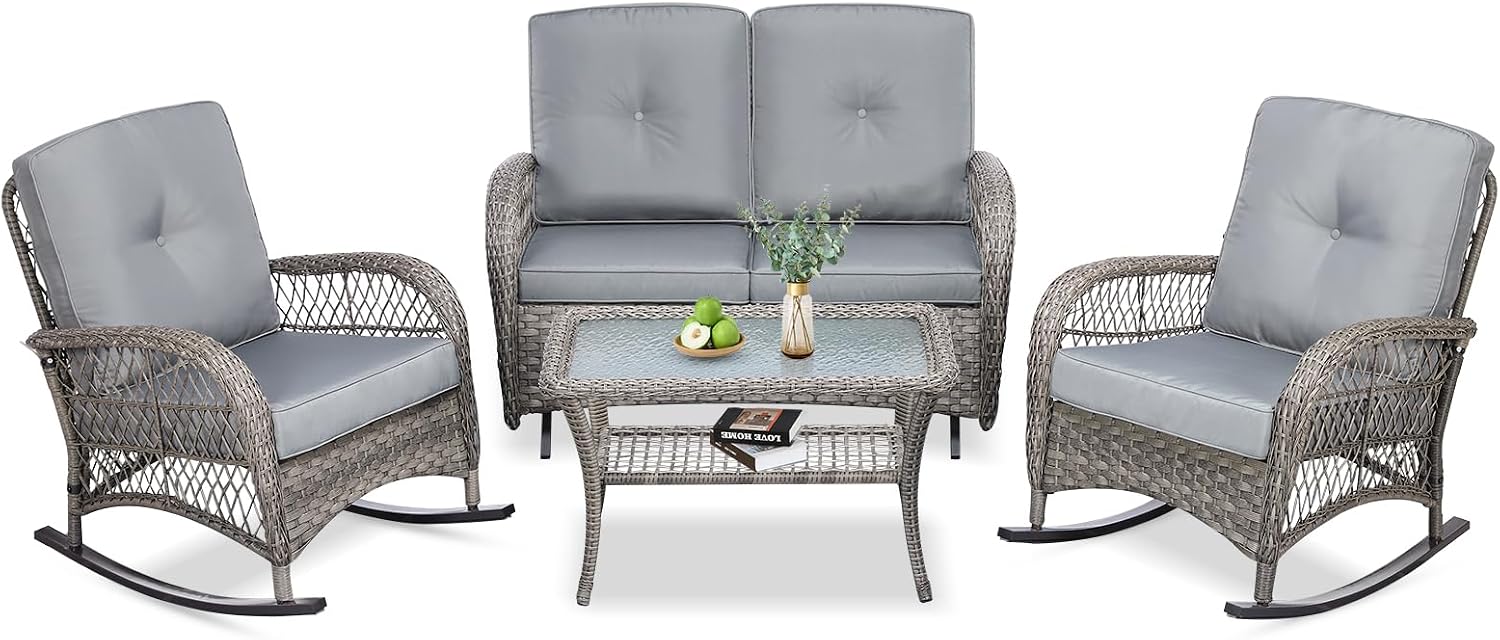 VIVIJASON 4-Piece Outdoor Patio Wicker Conversation Sets, All Weather Outdoor Rattan Furniture Set Includes Glider Loveseat, Coffee Table, 2 Rocking Chairs with Cushions for Backyard, Grey