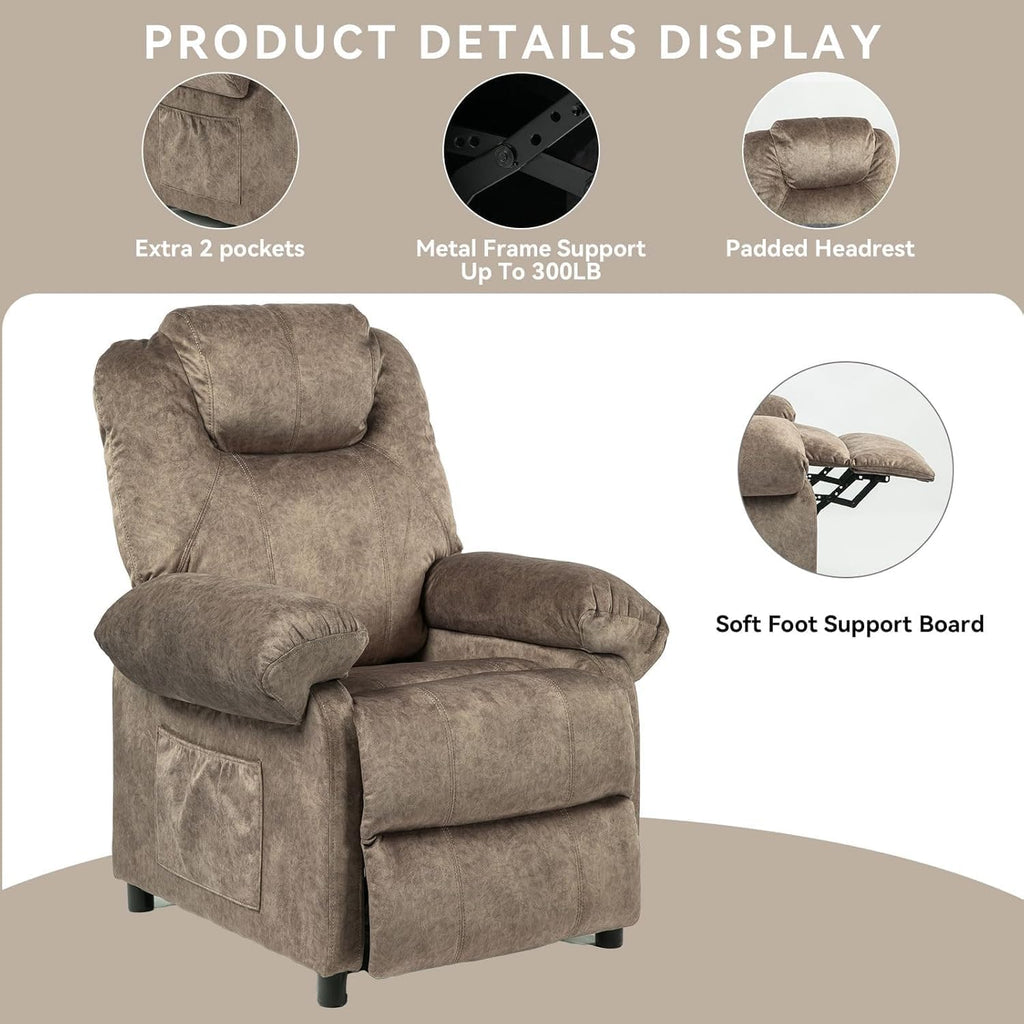 Pushback Massage Recliner Chair with Heat, Fabric Heated Small Massaging Reclining Chair Single Sofa for Adults, Overstuffed Push Back Manual Recliner for Living Room,Brown