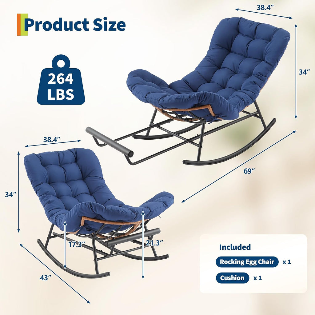 Garvee Outdoor Rocking Chair with Footrest, Oversized Patio Papasan Chairs with Cushion, Modern Lounge Rocker Chair for Indoor Living Room Garden Porch Balcony, Blue