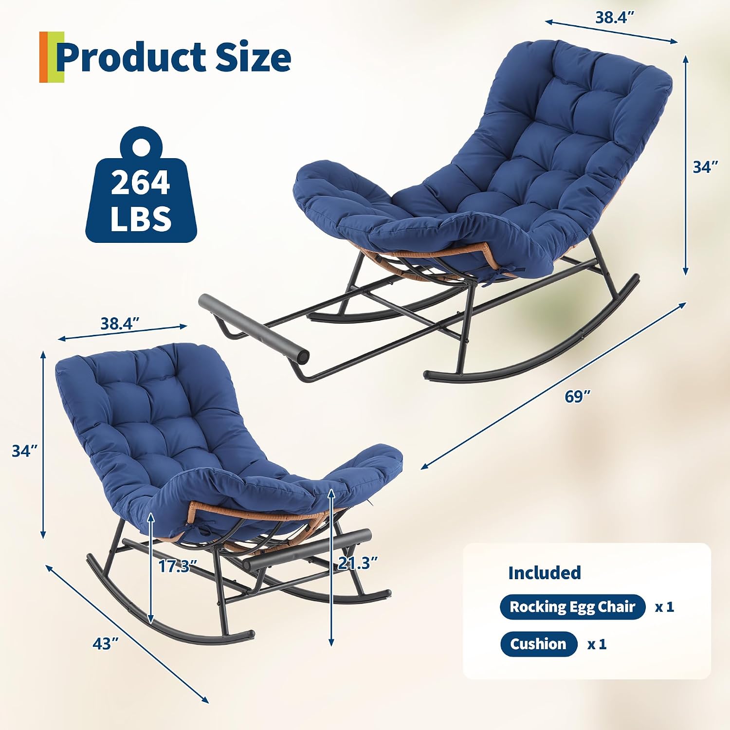 Garvee Outdoor Rocking Chair with Footrest, Oversized Patio Papasan Chairs with Cushion, Modern Lounge Rocker Chair for Indoor Living Room Garden Porch Balcony, Blue