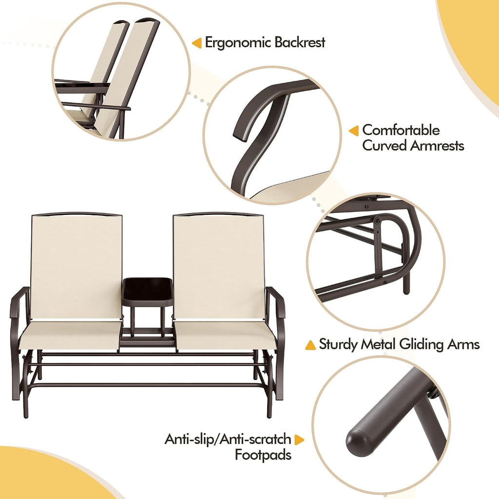 Yaheetech 2-Seat Outdoor Glider with Center Table, Patio Rocking Loveseat with Breathable Mesh Sturdy Metal Frame for Garden Pool Lawn, Beige