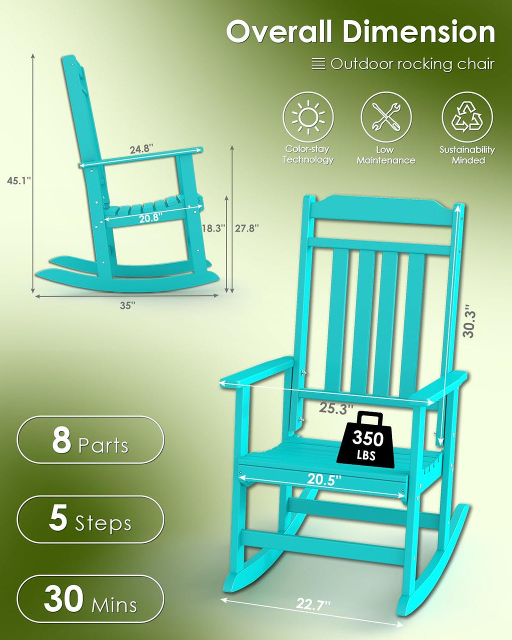GREENVINES Outdoor-Rocking-Chair | HDPE Plastic | Patio Rockers | Porch Rocker Chairs | Oversized | High Back | Big & Tall | Aqua