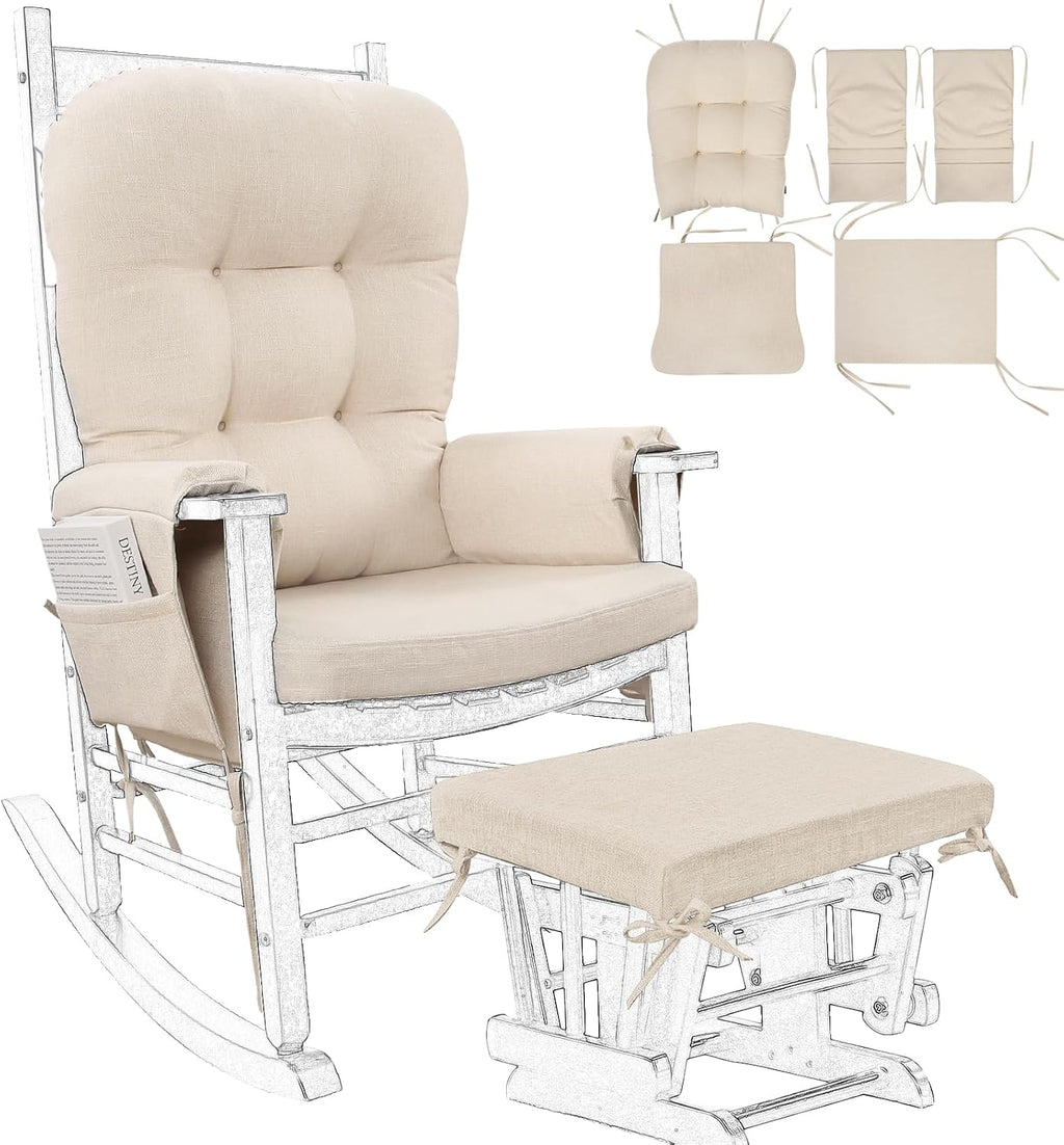 BUYUE Glider Rocker Replacement Cushion 5 PCS with Ties, Linen High-Density Foam Non-Slip & Washable Rocking Chair Pads for Sitting, Beige