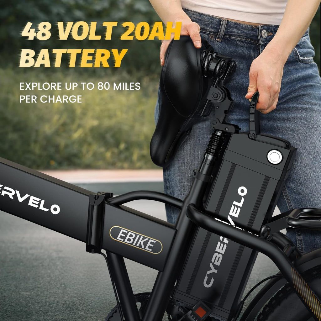 1000W Folding Electric Bike, 48V 20AH Large Removable Battery E Bike, 30+MPH, 80 Miles Max Range, 20' Fat Tire Electric Bike for Adults, Adult Electric Bicycles for Commute, 7-Speed
