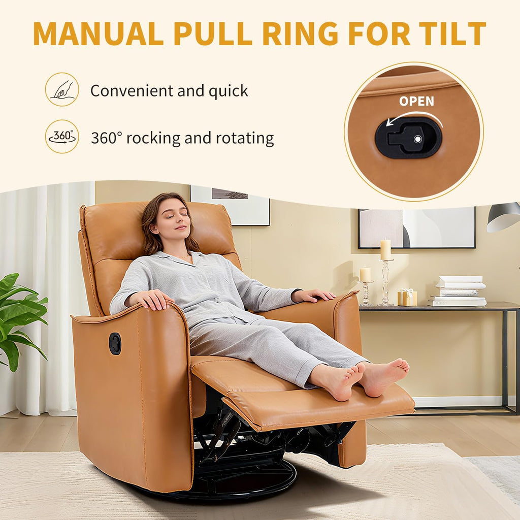 Swivel Rocker Recliner, Glider Rocking Chair, Nursing Chairs Swivel Glider Recliners with Soft Backrest, Leathaire Manual Reclining Sofa for Living Room Bedroom Apartment, Camel