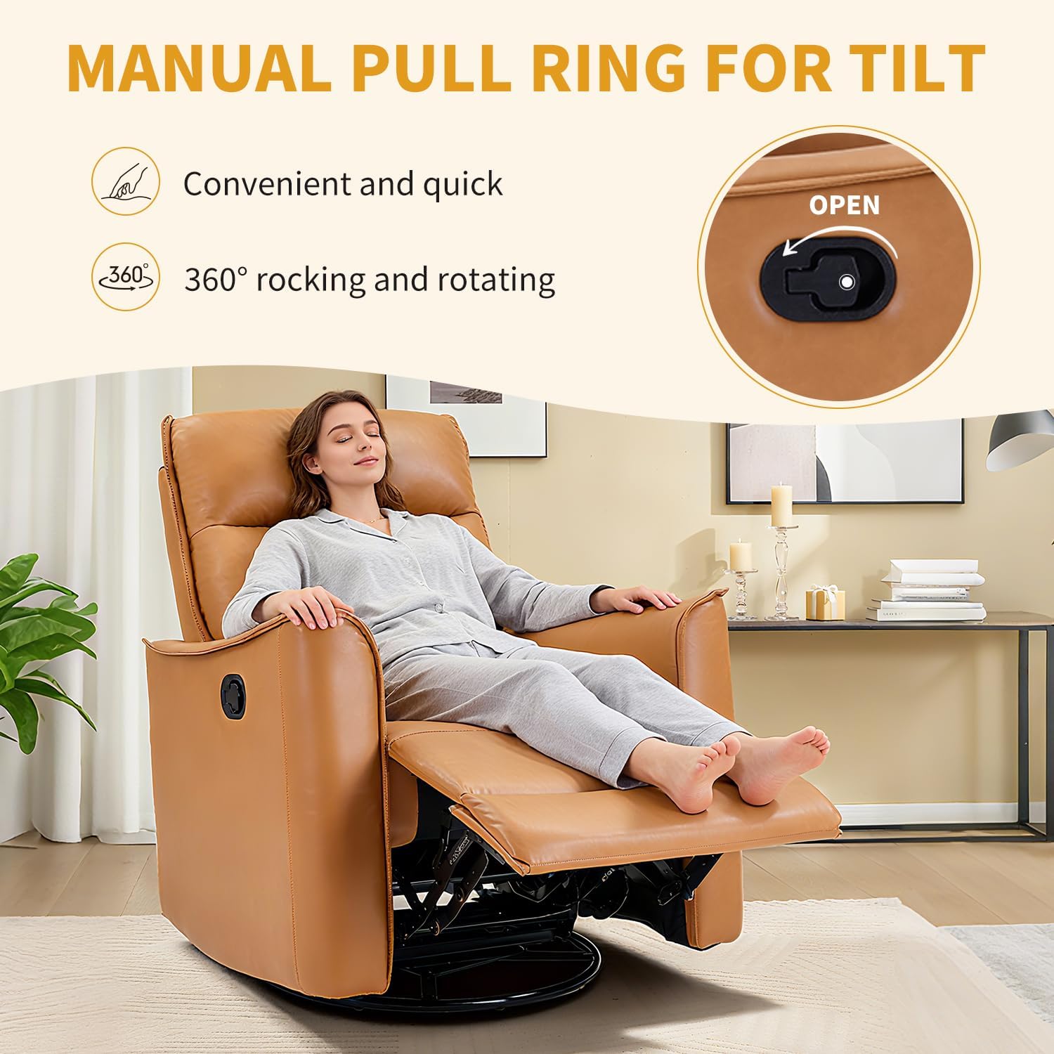 Swivel Rocker Recliner, Glider Rocking Chair, Nursing Chairs Swivel Glider Recliners with Soft Backrest, Leathaire Manual Reclining Sofa for Living Room Bedroom Apartment, Camel