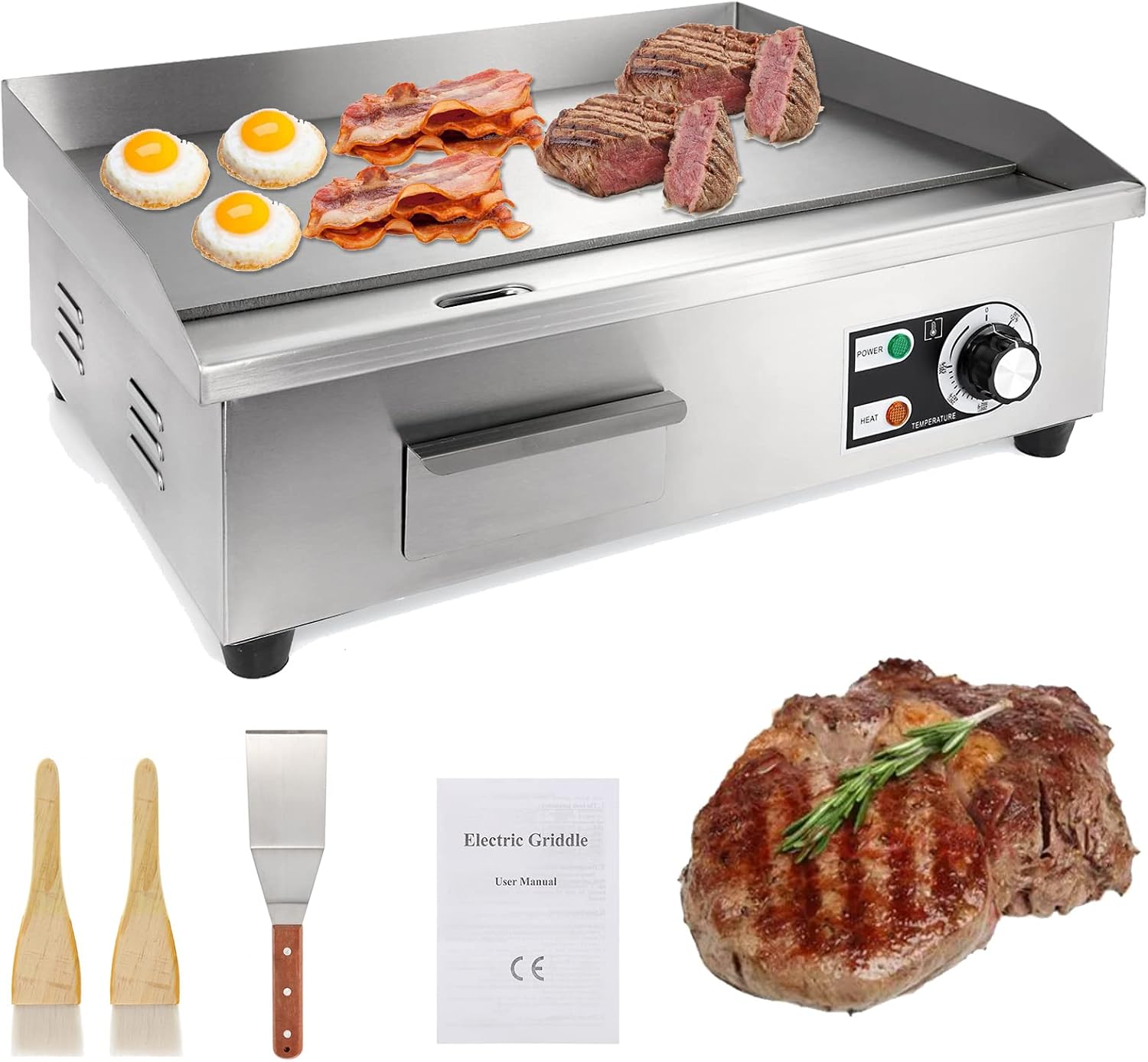 IRONWALLS Commercial Electric Griddle 22', 3000W Electric Flat Top Griddle Grill Indoor with 122~572℉ Adjustable Temperature Control, Non-stick Stainless Steel Teppanyaki Grill for Restaurant, Hotel