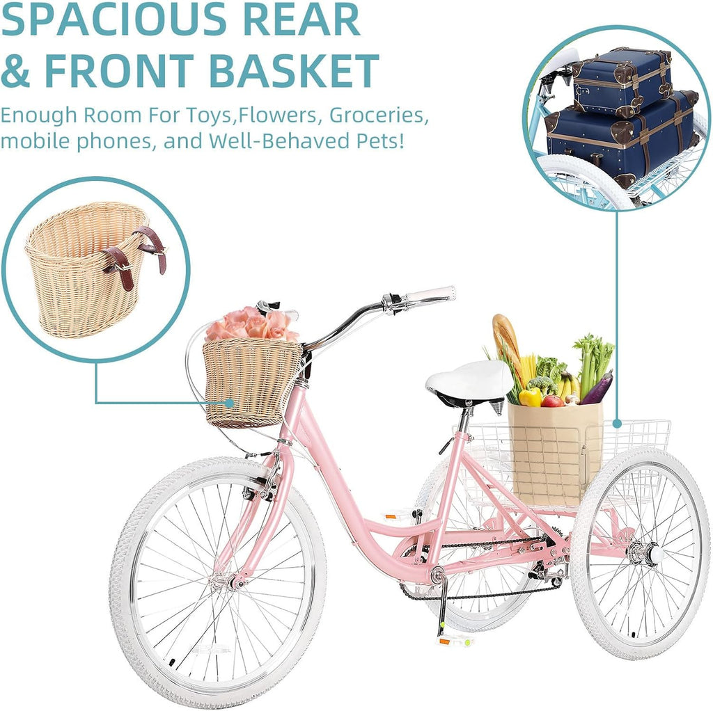 Adult Tricycles for Adults, 7 Speed Adult Trikes, 20/24/26 inch 3 Wheel Bike with Basket, Three-Wheeled Cruiser Bicycles for Women and Men, Without Fenders