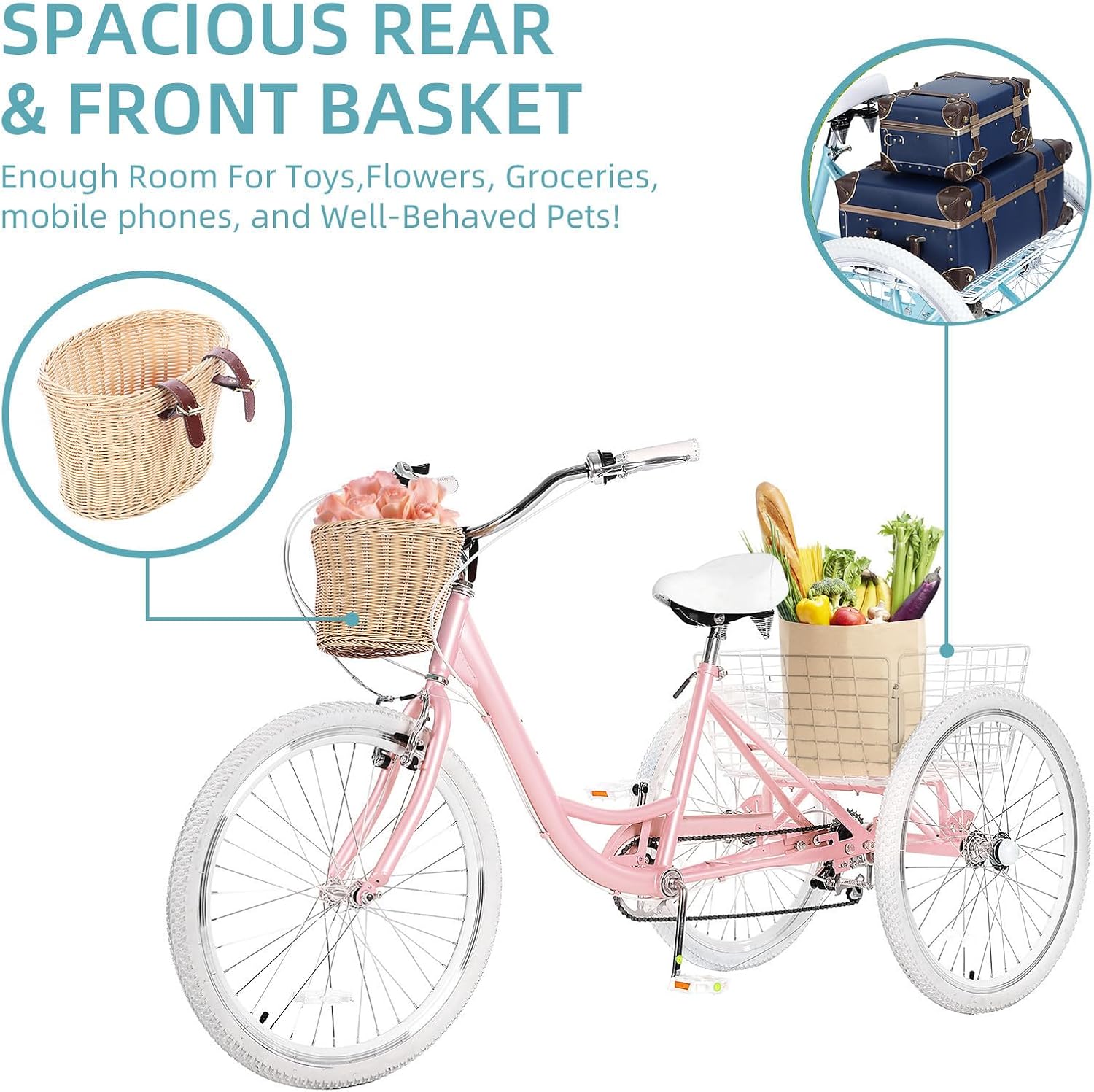 Adult Tricycles for Adults, 7 Speed Adult Trikes, 20/24/26 inch 3 Wheel Bike with Basket, Three-Wheeled Cruiser Bicycles for Women and Men, Without Fenders