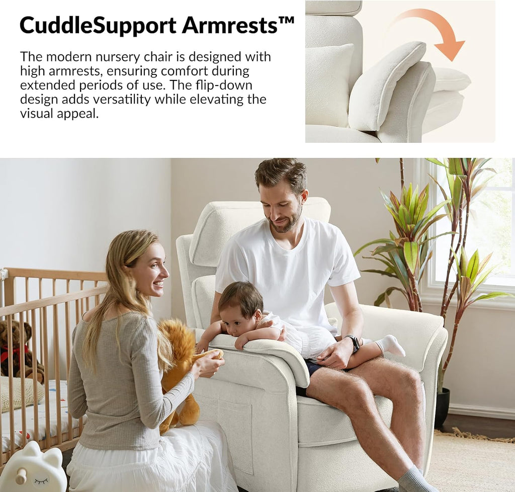 HULALA HOME Nursery Glider Recliner with Adjustable Headrest and Armrests, Modern Power Swivel Rocker Recliner Chair with USB Port and Storage Bags, GREENGARD, FSC, CertiPUR-US® Certified, Ivory