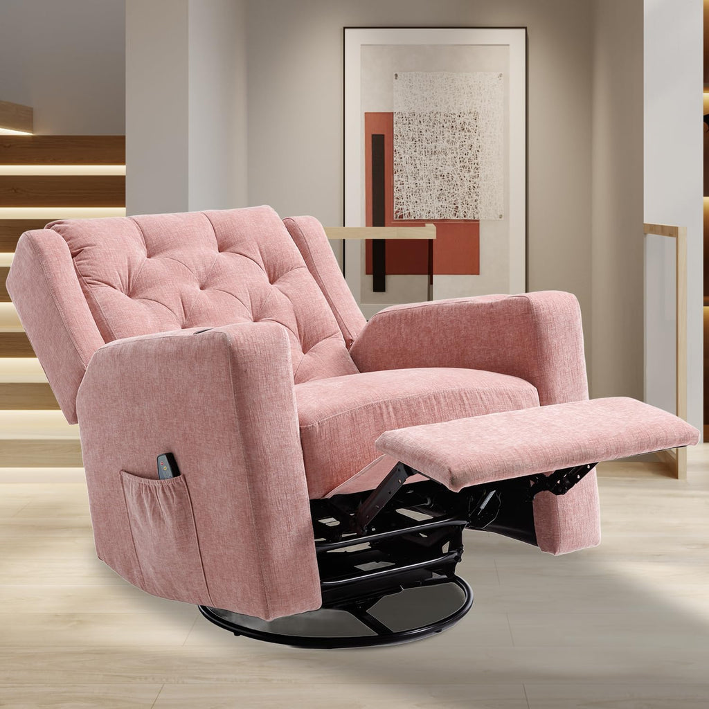 Oversized Swivel Rocker Recliner Chair Wide Seat Heavy Duty Fabric Reclining Chair, Tufted Manual Rocking Glider Chair Recliner for Nursery, Pink