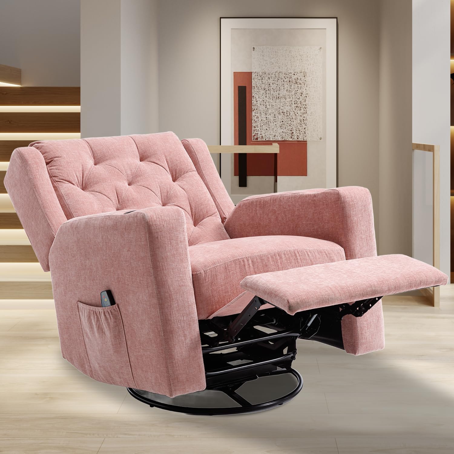 Oversized Swivel Rocker Recliner Chair Wide Seat Heavy Duty Fabric Reclining Chair, Tufted Manual Rocking Glider Chair Recliner for Nursery, Pink