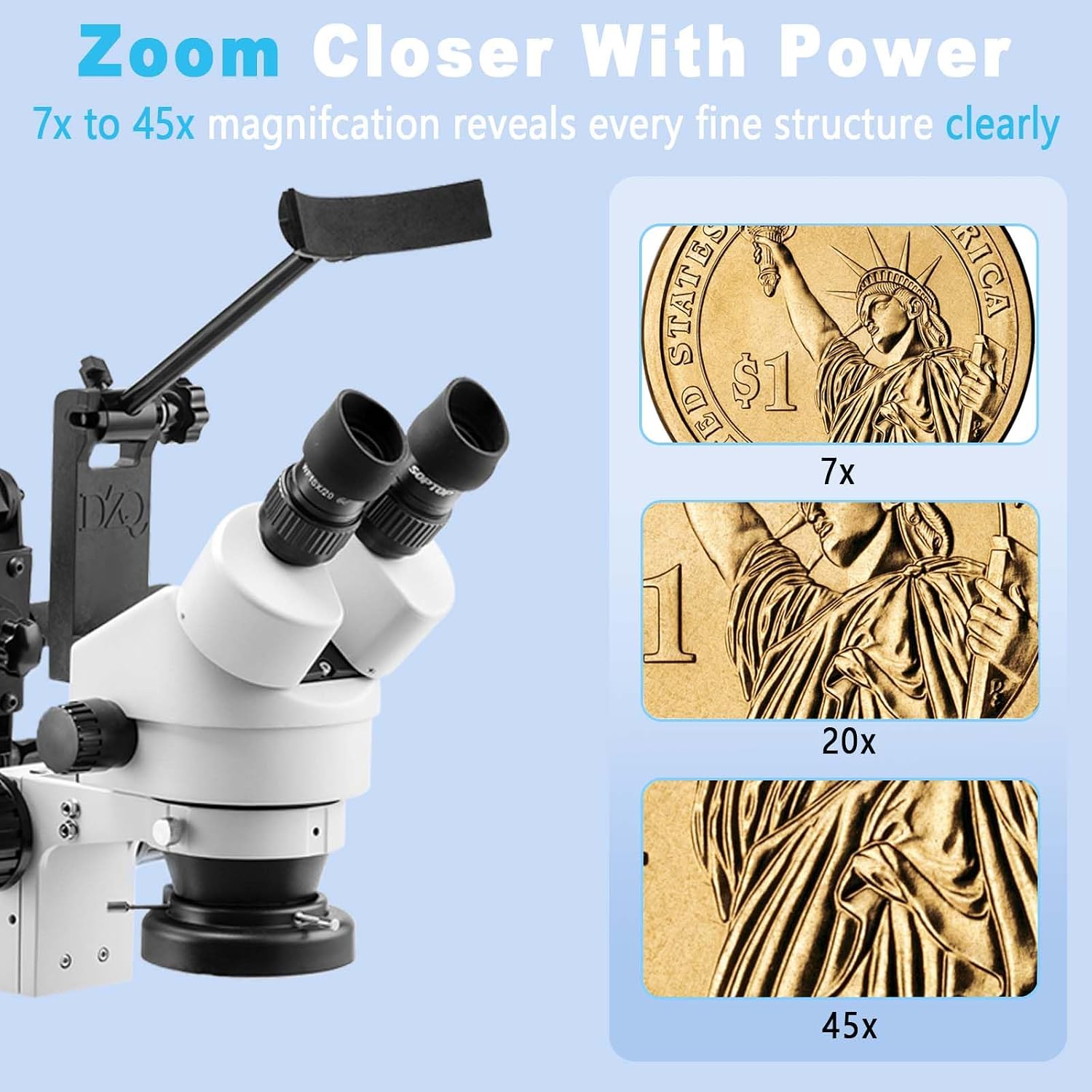 DZQ Multi-Directional Microscope with Spring Bracket, 7X-45X Magnification Jewelry Microscope, Micro Jewelry Inlaid Stand with Ring LED Light