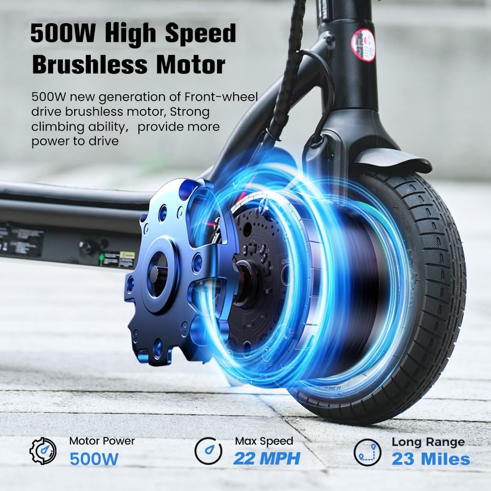 Electric Scooter, 23 Miles, 22 MPH Top Speed Electric Scooter for Adults, 500W Powerful Motor,10'/8.5' Pneumatic Tires Commuting Scooter, Foldable Escooter for Commuting & Campus Use