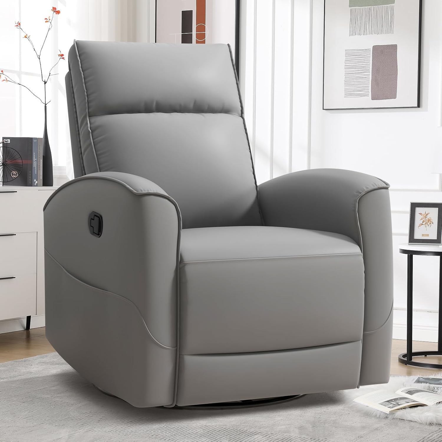HAOMARKETS Swivel Rocker Recliner Chair, Manual Faux Leather Glider Rocking Recliners for Adults, 360° Swivel Nursery Reclining Sofa with Storage Pocket