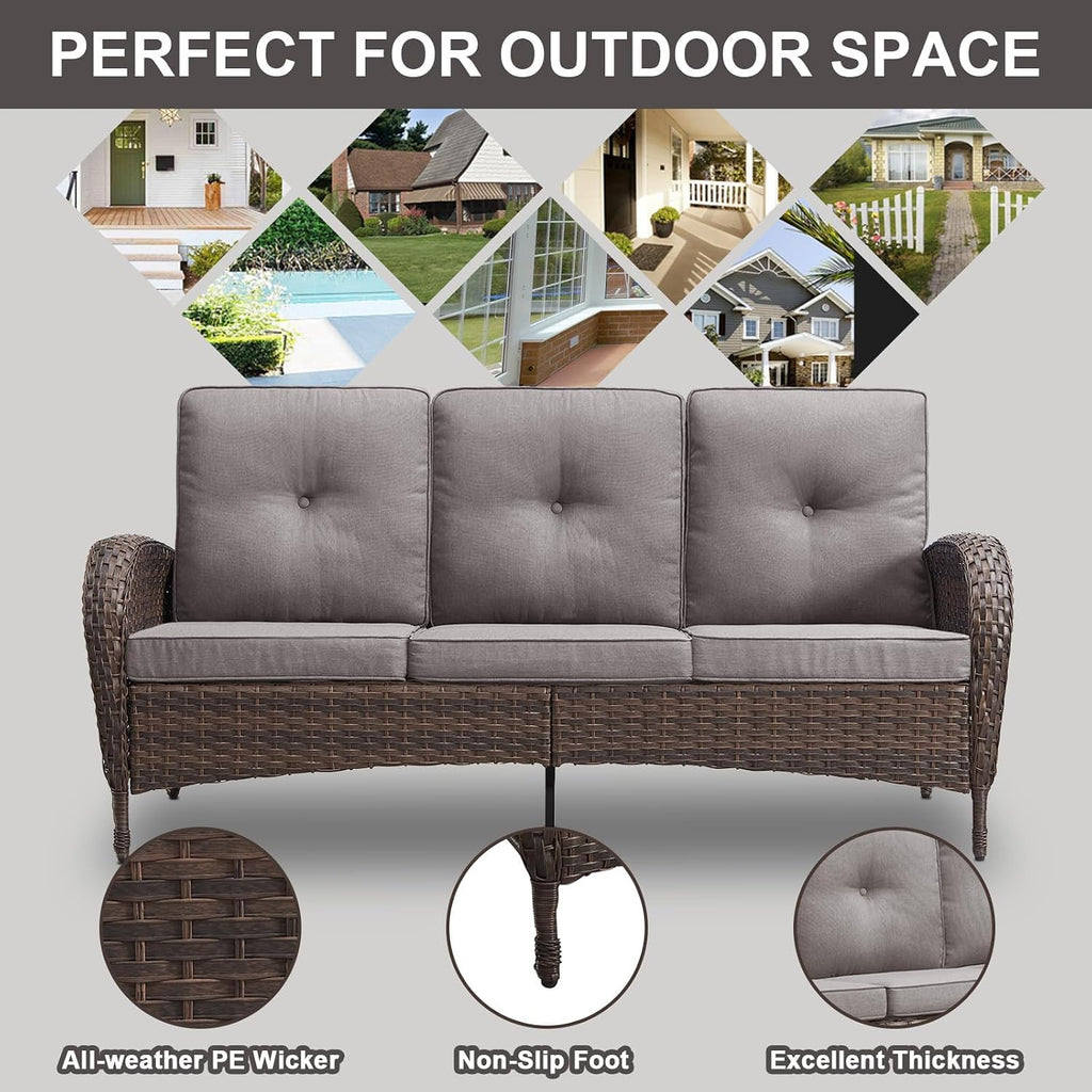 Belord Wicker Outdoor Furniture Set - 7 Piece Patio Conversation Sets with Comfort Swivel Rocker Glider Patio Chairs Set of 2 and Rattan Sofa, Tempered Glass Coffee Table and Side Table,Brown/Gray