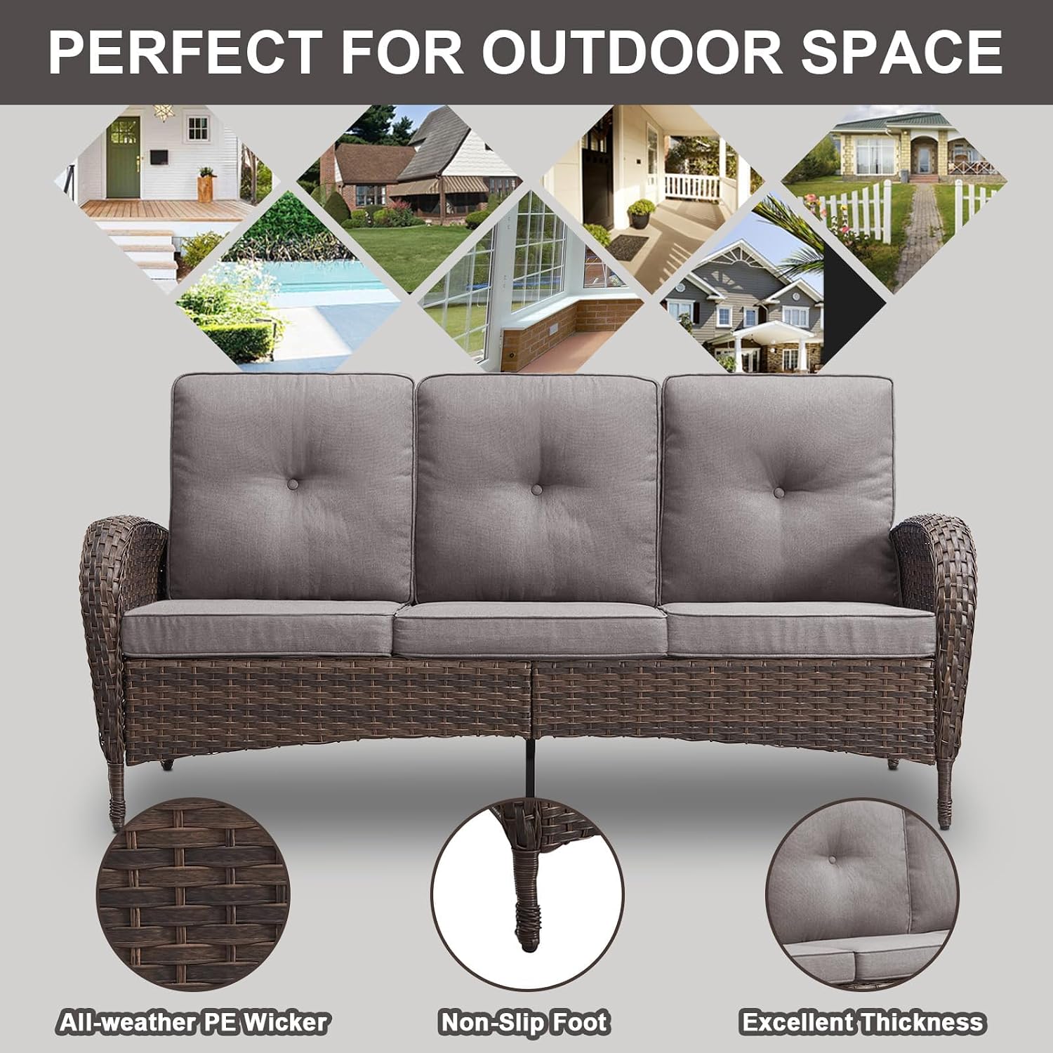 Belord Wicker Outdoor Furniture Set - 7 Piece Patio Conversation Sets with Comfort Swivel Rocker Glider Patio Chairs Set of 2 and Rattan Sofa, Tempered Glass Coffee Table and Side Table,Brown/Gray